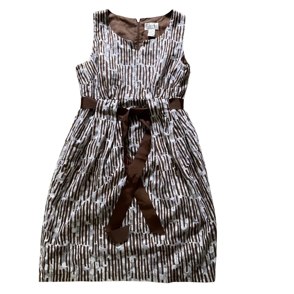 Robbie Bee Brown White Abstract Print Empire Waist Ribbon Tie Shift Dress Size 8